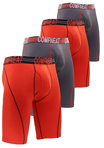 Comfneat Men's 9 Long Boxer Briefs Sports Performance Breathable Underwear 4-Pack (M, Red+Dark Grey(Red) 4-Pack)