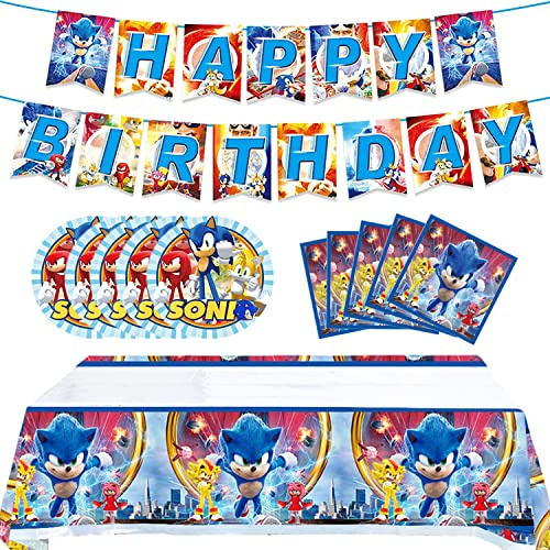 Sonic2 Geburtstagsparty-Zubehör, 32 Stück Sonic-Dekorationen für Geburtstagsparty, Igel-Partyzubehör für Kinder enthalten Banner, Tischdecke, Teller und Servietten