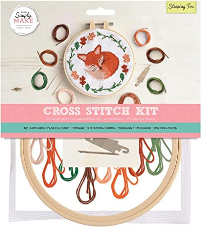 Simply MAKE Kreuzstich-Set – Schlafender Fuchs Design für Kinder und Erwachsene, inklusive Reifen, Stickgarn, Stoff und Nadel – perfekt für Erwachsene Handwerk und Anfänger –