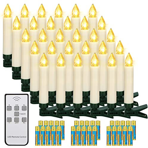 yunsheng 30 Stk Weihnachten LED kerzen, Kabellose Weihnachtsbaumkerzen mit Fernbedienung Timer, Batteriebetriebene Flammenlose Flackern Christbaumkerzen lichterkette, IP64, (Enthält 30 AAA-Batterien)