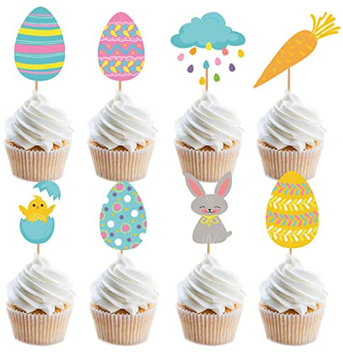 Easter Cupcake topper Bunny Cupcake Toppers Easter Egg Cupcake Topper Rabbit Chicken Carrot Easter Party Cake Topper Decorations (24pcs in 8 Styles)