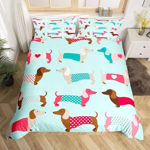 Homemissing Cartoon Dachshund Duvet Cover Sausage Dog Bedding Set for Kids Boys Girls Cartoon Dachshund Puppy Comforter Cover Kawaii Pet Bedspread Cover 2Pcs Zipper Single Size