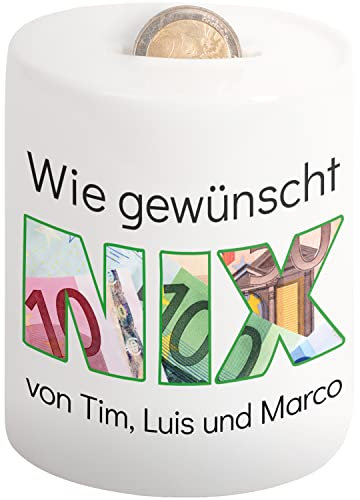 Lustige Spardose „Wie gewünscht NIX“ personalisiert mit Namen - Geldgeschenke Geschenkideen | Sparbüchse Sparschwein | Geschenke für Kollegen & Freunde zum Geburtstag, Weihnachten