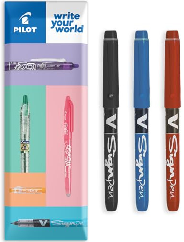 PILOT V Sign Pen - Fineliner Marker Pens - 2.0mm Nib Tip - 0.6mm Line Width - Essential Pack in Envelope Gift Packaging - Black, Blue & Red (3)