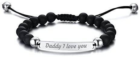 Bishilin Partnerarmbänder Leder mit Gravur, Armband Männer Personalisiert Schild Daddy I Love You Herren Armband 27CM Charms Silber