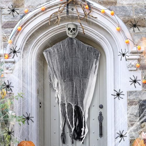 GothicBride Decoración de fantasmas colgantes, 90 cm, esqueleto con 40 g, telarañas elásticas, 10 arañas artificiales, decoración para Halloween, jardín, fiesta, horror