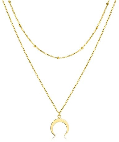 Collar de Acero Inoxidable 316L Doble Cadena Fina con Bolitas y Media Luna. Ajustable. Colgante de Acero Quirúrgico con Baño en Plata u Oro 18K. Perfecto Regalo Cumpleaños. Joyas para mujer.