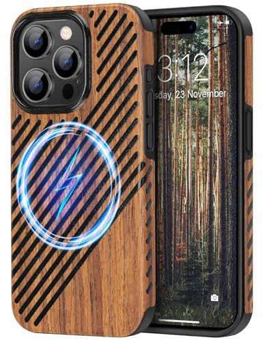 TENDLIN Coque Magnétique Compatible avec iPhone 15 Pro Max Etui en Bois et Cuir Compatible avec MagSafe (Bois & Cuir)