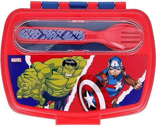 CARTOON Portamerenda con posate Avengers Marvel contenitore per il pranzo con forchetta e cucchiaio in plastica riutilizzabile senza BPA