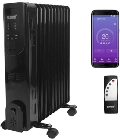 AMOS 11-Fin 2500W Oil Filled Radiator Wi-Fi Smart App Enabled & Remote Control 3 Heat Settings Timer Digital Display, Black