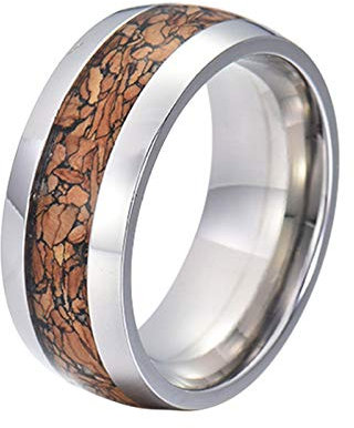 Bishilin Edelstahl Ring für Männer, Herren Ringe Personalisiert 8MM mit Holz Bandring Größe 57 (18.1), Partnerringe Freundschaftsringe Silber