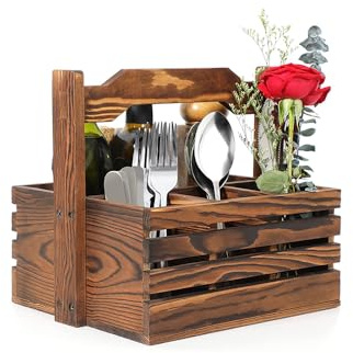 Utensilienhalter aus Holz mit abnehmbarem Griff, Besteck-Organizer mit 4 Fächern für Küchenarbeitsplatte, Picknickkorb aus Holz für Küche, Arbeitsplatte, Picknick, Party, 24,9 x 22,1 x 11,4 cm
