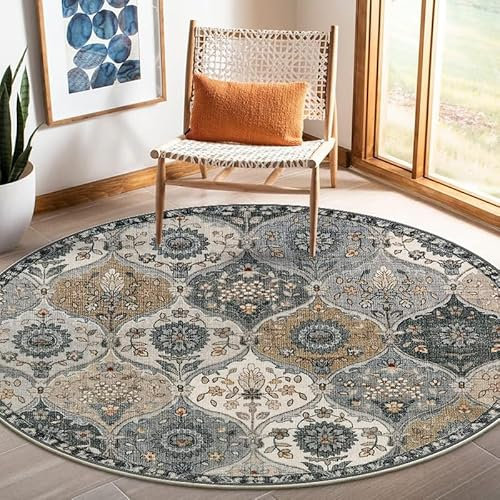 Runder Boho Blumen Teppich Wohnzimmer Waschbarer Vintage Mandala Kurzflor Carpet Orientalisch Weiche Teppich Rutschfest In und Outdoor Teppich Anwendbar auf Esszimmer Schlafzimmer Flur 140x140cm