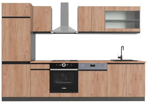 Vicco Küchenzeile R-Line, Goldkraft Eiche/Anthrazit, 300 cm J-Shape, AP Eiche, mit variabel positionierbaren Modulen und höhenverstellbaren Füßen