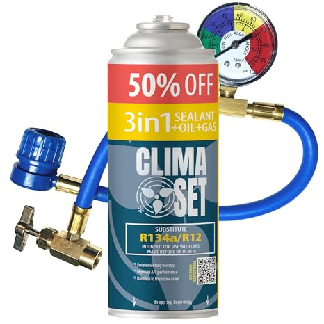 ClimaSet Remplacement du gaz refrigerant 3en1 R134a 1x235 g pour Climatisation manometre clim, Climatiseur - flexible climatisation - Recharge climatisation voiture - Gaz R134a - ECO