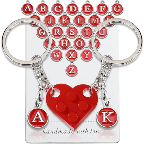 FENQURO Porte Clef Couple, Porte-clés Coeur, Porte-clés Partenaire, Porte Cle Amour Cadeaux Saint Valentin, Porte Clef Amoureux, Avec des lettres (A-Z) (Rouge)