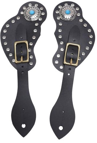 Depisuta 2 Stück Leder-Sporenriemen, Verstellbare Einlagige Sporenriemen mit Strassverzierungen, Verstellbare Stiefelriemen, Western-Sporenriemen für Stiefel, Western, Damen, Herren (Black)