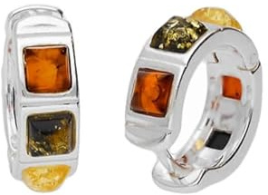 Baltic Amber Multi-Colour Hoop Earrings, Sterling Silver 925, Gemstone Inlay (Square Amber Hoops)