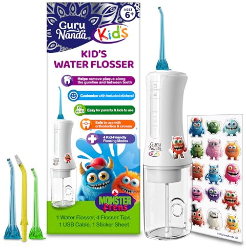 GuruNanda Kids Water Dental Flosser - 4 Flossing Modes, 4 Nozzles, 2-Min Smart Timer, Ages 6+, Monster Frens Theme, Portable Oral Care for Kids