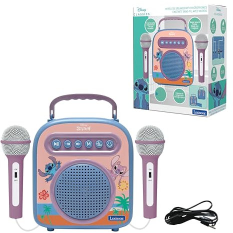 Lexibook, Disney Stitch, Altavoz inalámbrico con 2 micrófonos, Azul, BTC050D