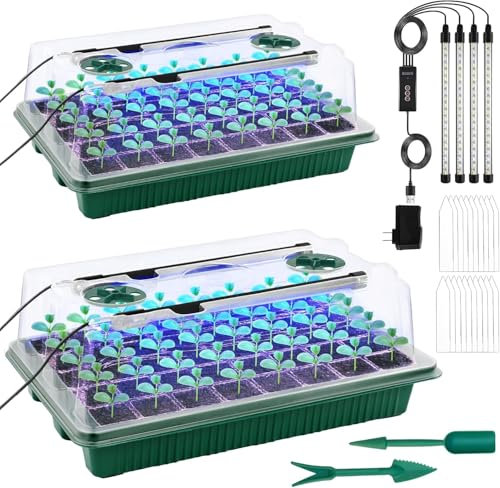 KSONE Seed Starter Tray with Grow Light,2 Pack 80 Cells Seedling Tray Kit with Humidity Dome/Indoor Plant Starter Kit, Adjustable Brightness Plant Germination Trays