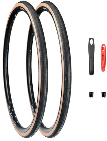 MEGHNA Bike Tire 700C Road Bike Foldable 700 x 32C Tire with Tire Lever for Road Racing Fast Rolling 32-622mm Replacement for Road Bike (Black - Brown Side, 700 x 32C - 2 Tire)