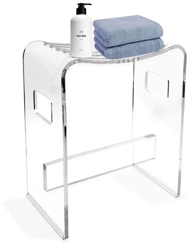 StarK Duschhocker aus Acryl bis 120 kg – Rutschfester Duschstuhl | Modernes Design aus 10 mm Lucite Acryl mit ergonomischer Sitzfläche, Ablauf-Schlitzen & praktischen Griffen für mehr Komfort