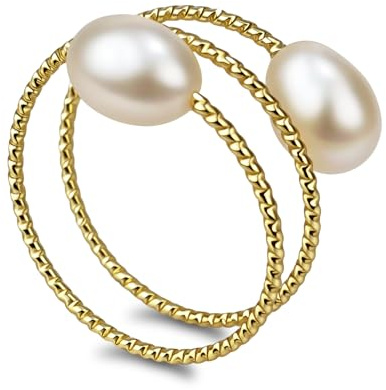 Pearl Rings for Women, Handmade Natural Double Freshwater Pearl Ring, Minimalist Open Adjustable Gold Pearl Ring Trendy Jewelry