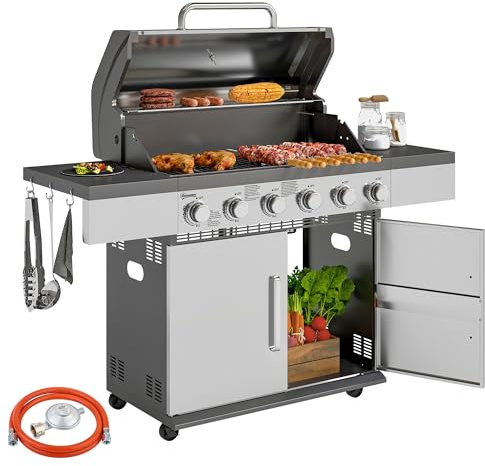 Outsunny Gasgrill 2,49 kW BBQ mit 6 Brennern für Balkon 143 x 55 x 110 cm | Gartengrill, Druckminderer, Thermometer, Grillwagen mit Gasschlauch, Seitenablagen, Deckel, Rolle, Camping-Grill
