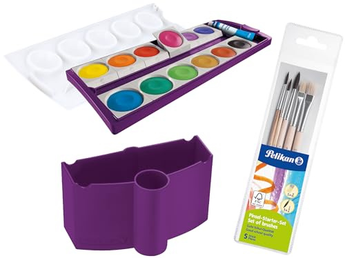 Pelikan Set DIN 5023 Deckfarbkasten 12 Farben + 1 Tube Deckweiß, Schul-Standard (mit Becher + Pinsel), Blau K12 Set (Violett)