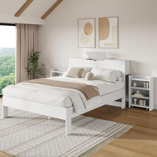 Mielvu Letto in legno 140 x 200, letto matrimoniale con rete a doghe e testiera, letto per ragazzi con 2 comodini estraibili, spazio sulla testiera, adatto per adulti e ragazzi, facile da montare