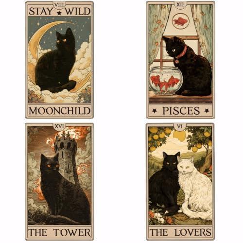 SUPERDANT 4 pegatinas de transferencia de calor para tarjetas de tarot, gato negro, niño luna, peces, para planchar, pegatinas lavables para ropa, camisetas, aplicación DIY