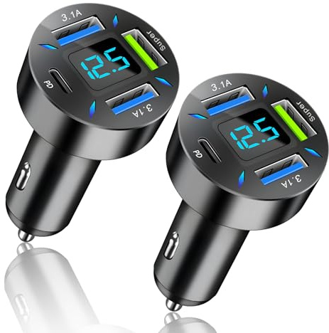 2 PCS 4 Puertos Cargador Mechero USB Carga Rapida, 66W con Voltímetro LED, Adaptador Auto 4 Puertos (PD 20W, Super 66W, 2x12W), Carga Rápida Universal para Teléfonos, Tabletas y GPS