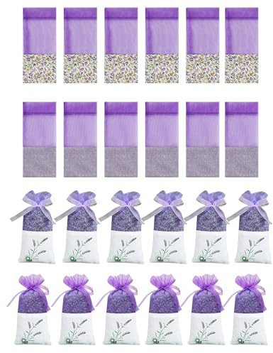 Yotlein 24 Stück Lavendelsäckchen, Säckchen für Lavendel, Duftsäckchen Lila Blumendruck Duftbeutel, Beutel Lila Kordelzug Gaze Baumwolle, Duftsäckchen Zum Befüllen für Lavendel, Gewürze und Kräuter