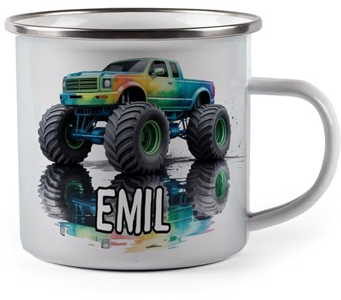 MIKALINO Emaille Tasse Coole Fahrzeuge personalisiert mit Namen Kinder Becher mit Motiv – Emaille Becher für Jungen & Mädchen – Camping Tasse leicht & robust Geschenkidee Kindertasse (wählbar)-300ml /