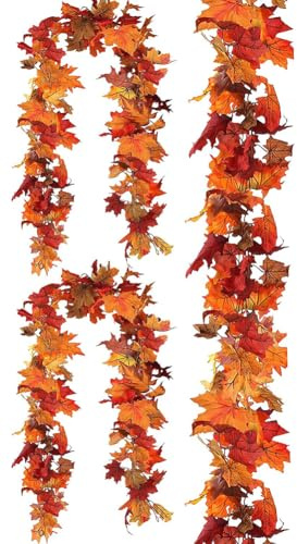 3 Stück Künstliche Herbstgirlande Ahornblätter – Deko zum Aufhängen, Blättergirlande für Drinnen und Draußen, Halloween Deko, Herbstdeko, Deko Herbst, Kamin Dekoration, Autumn Decor