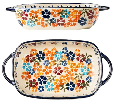 Auflaufform Keramik, 730ml Lasagne Auflaufform Groß mit Vintage-Blumenmuster, Lasagneform Keramik mit zwei Griff, Rechteckig Porzellan Backform Ofenform für Lasagne, Tiramisu, Auflauf, Ofen