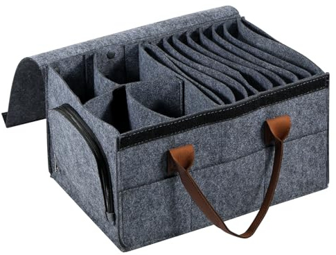 YUNYOUC Dish Storage Container, 36x27.5x20cm Felt Plate Storage Container, Camping Dinnerware Box with 12 Removable Divider, Dustproof Glassware Containers for Plates Bowl Cup