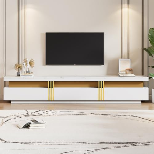 Merax TV Schrank 200 cm, Lowboard in Weiß mit Marmor-Optik, 3 Schubladen und Kabelmanagement, TV Board für Fernseher bis 90 Zoll – Elegantes Wohnzimmer Möbel