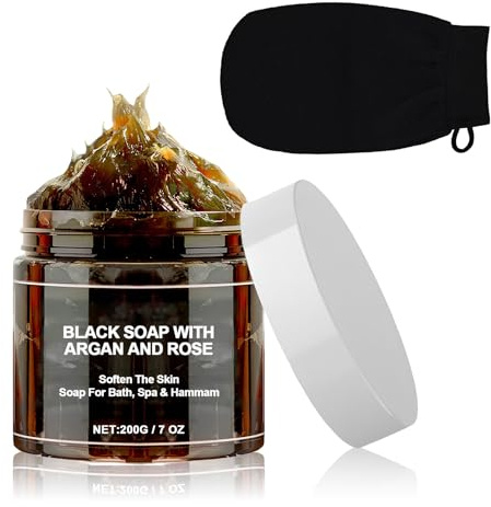 Savon Noir à L'argan et à la Rose,Savons Noirs Marocain avec Gant Exfoliant,Savon Exfoliant pour le Corps au savon Noir,Gel Douche exfoliant pour Peau Douce,Deep Cleansing and Softening Skin | Savon Exfoliant pour le Corps au savon Noir,Gel Douche exfoliant pour Peau Douce,Deep Cleansing and Softening Skin