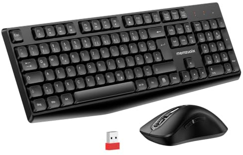 QWERTZ Kabelloses Tastatur Maus Set, Full Size 105-Tasten Tastatur mit Nummernblock, 2.4GHz Funk mit einem USB Nano Empfaenger, 1400 DPI Optische Maus, Plug and Play Fuer Windows PC Laptop und Mac