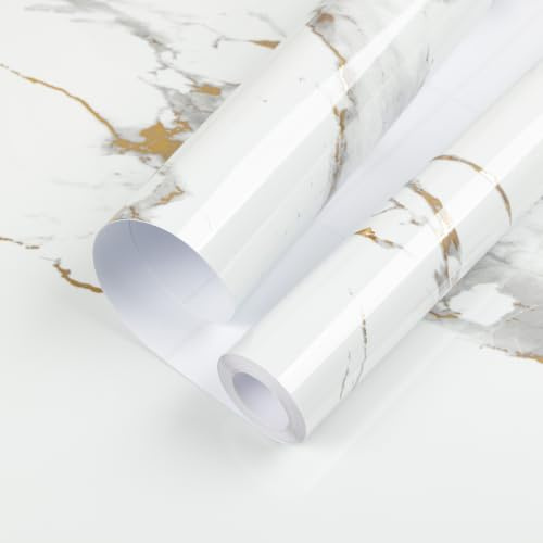 Hode White Marble Sticky Back Plastic Vinyl Wrap Self Adhesive Wallpaper | 30x200cm Worktop Vinyl Covering Peel Stick on Wall Paper Kitchen Cupboards Bathroom Furniture Contact Paper Waterproof