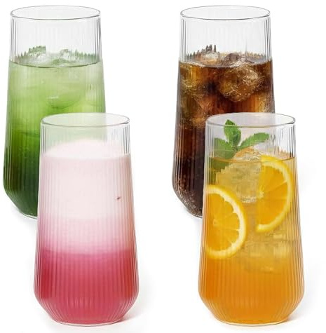 QiMan 4 glas-set, 500 ml Matcha-glas, universalglas vattenglas, dricksglas hög kvalitet och elegant, ripple glas för kalla drycker, diskmaskinssäkra
