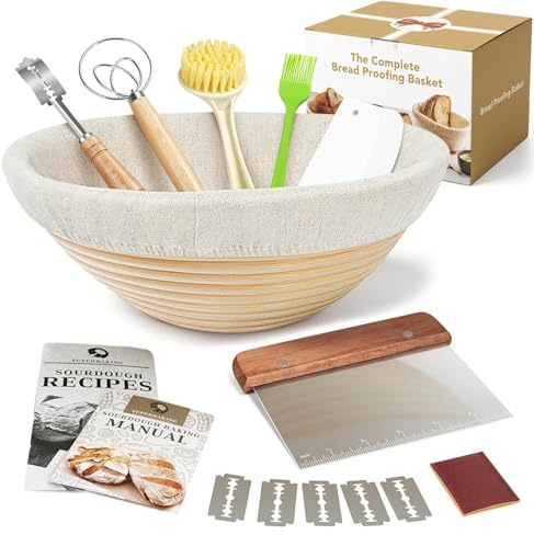 12 Stück Gärkorb Brot Set, 9 Zoll Rattan Sauerteig Starter Brot Gärkorb | 23cm Rund Brotform Banneton, Sauerteig Brot GäRkorb, Komplettes Brot Backen Zubehör, Geschenk für HobbybäCker & Foodies