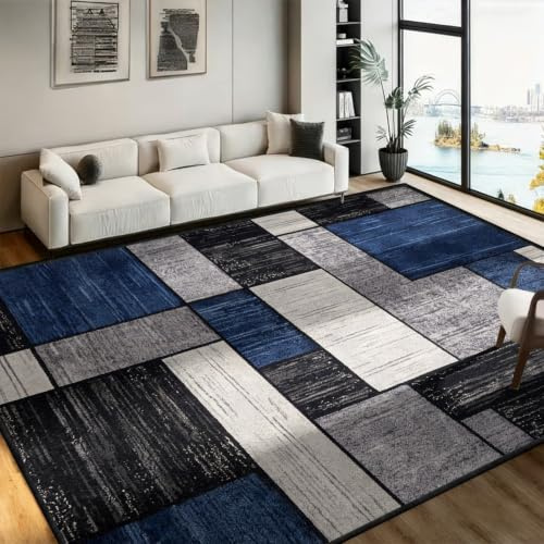 SOJAWA Navy Blue Grey Geometric Patchwork Area Rug 150x180cm, Black White Modern Industrial Living Room Rugs, Washable Non Slip Low Pile Stain Resistant Rug for Bedroom Home Office