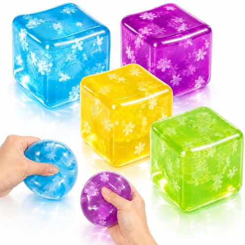 4 Stück Squishy Stressball Set, Anti Stress Bälle für Erwachsene, Ice Cube Squishy Spielzeug mit Vier Farben, Fidget Cube zur Entspannung, 3 cm Grüner Blauer Lila Gelber Schneeflocken Stressball