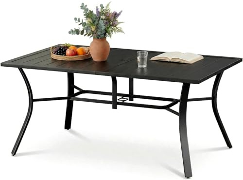 Clevich Garden Table with Parasol Hole 160 x 96cm for 6 People, Outdoor Patio Table with Rustproof Steel Frame, Slatted Tabletop & Non-slip Foot Pads, Square Dining Table for Backyard/Patio/Terrace