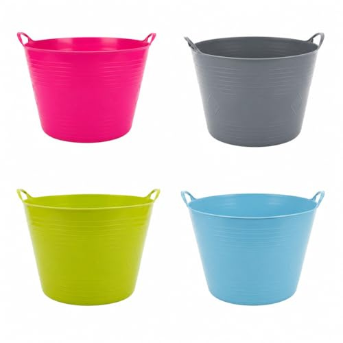 Flexibler Mehrzweckkorb 40L 4er Set mit Griffen – Wäschekorb, Spielzeugkorb, Garteneimer & Tragekorb – Kunststoffkorb flexibel & robust – Ø46 x 37 cm – Lime, Blue, Pink, Gray