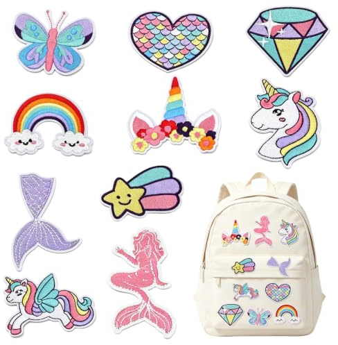 10 Stück Bügelbilder Für Textilien, Kinder Flicken zum Aufbügeln Patches | Einhorn & Meerjungfrau Bügelflicken, Kinder Bügel Patche, Bügelaufkleber Für DIY T-Shirt Jeans Taschen Mützen