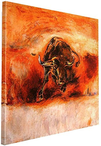 Feeby Bilder Stier 80x80 cm 1 Teilig Wohnzimmer Schlafzimmer Büro Flur Küche Wandbilder Modern Bild auf Leinwand Wanddekoration Kunstdruck Design Rot Orange Braun